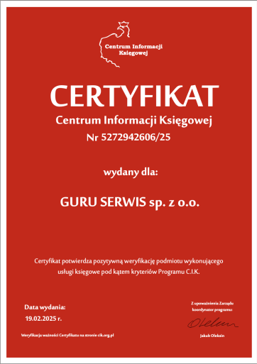Księgowość Warszawa centrum - Certyfikat GURU